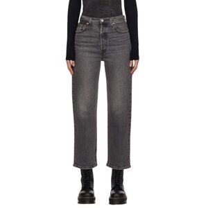 Levi's Premium Ribcage High Rise Straight Ankle Jeans 28 Well Worn Black Denim